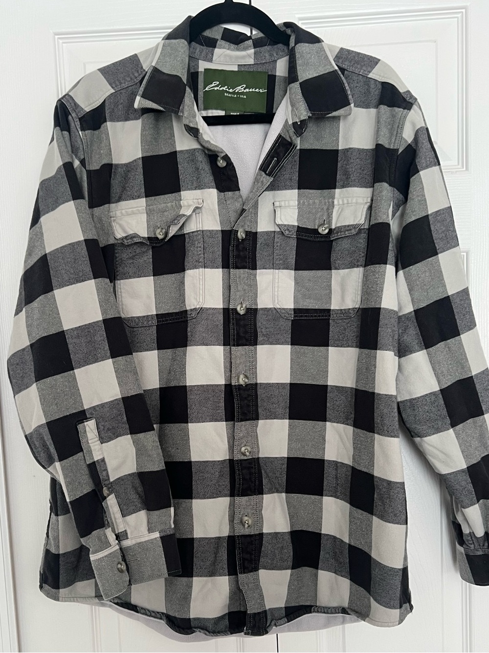 Eddie Bauer Black and White Plaid Button-Down Flannel Shirt